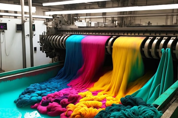 Dyeign in exaust, continue and printing process to give the fabric a coloured identity.